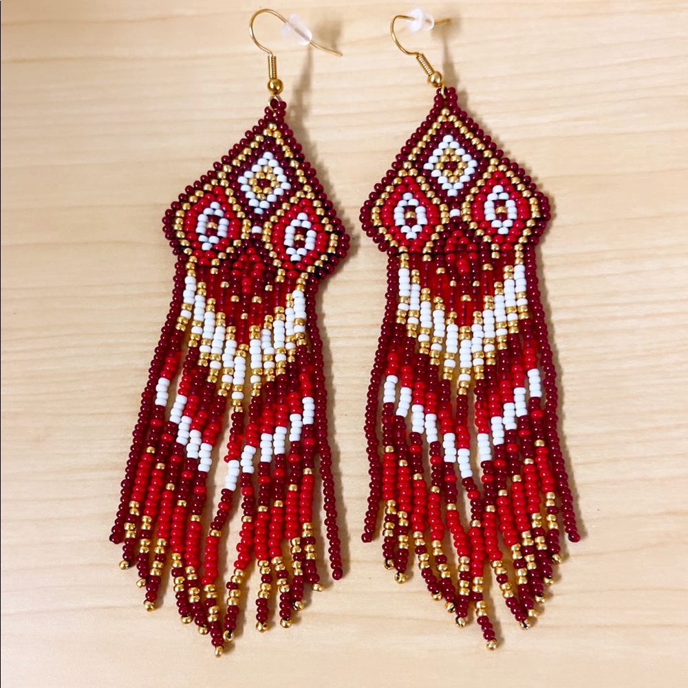 Red, fringe beaded earrings
